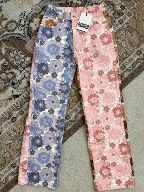 The Ragged Priest Two-Tone Floral Bootcut Jeans - Blue & Pink